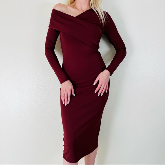 Zara Dresses | Zara Burgundy Asymmetrical Long Sleeve Bodycon Stretch Midi Dress | Color: Red | Size: S | Snkrgrls's Closet